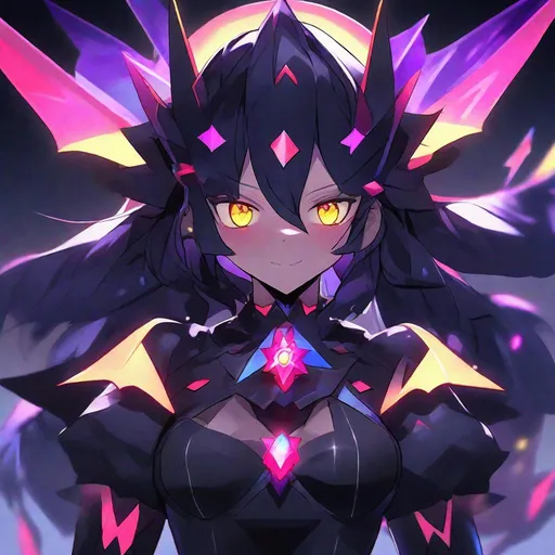 Prompt: Magical Transformation Girl, Black costume with purple trim, red zigzag gem, blue spikes, Cloud-like Black hair with purple highlights, glowing yellow eyes, masterpiece, best quality