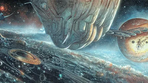 Prompt: downtown a distant galaxy by dan seagrave art and Moebius, space dust, small spaceship
