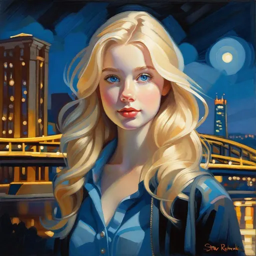 Prompt: Young Polish American girl, pale skin, blonde hair, blue eyes, Pittsburgh at night, cartoony style, extremely detailed painting by Greg Rutkowski by Steve Henderson 