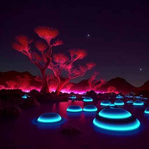 Prompt: Other worldly planet with bioluminescent life around 