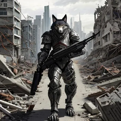 Prompt: A humanoid wolf wearing heavy armor, carries a futuristic rifle, is wearing camouflage clothes in the midst of a city in ruins