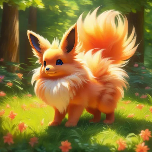 Prompt: (Flareon), realistic, photograph, epic oil painting, (hyper real), furry, (hyper detailed), extremely beautiful, (on back), sprawled, paws in the air, playful, UHD, studio lighting, best quality, professional, ray tracing, 8k eyes, 8k, highly detailed, highly detailed fur, hyper realistic creamy fur, canine quadruped, (high quality fur), fluffy, fuzzy, full body shot, zoomed out view of character, hyper detailed eyes, perfect composition, ray tracing, masterpiece, trending, instagram, artstation, deviantart, best art, best photograph, unreal engine, high octane, cute, adorable smile, lying on back, flipped on back, lazy, peaceful, (highly detailed background), vivid, vibrant, intricate facial detail, incredibly sharp detailed eyes, incredibly realistic golden retriever fur, concept art, anne stokes, yuino chiri, character reveal, extremely detailed fur, sapphire sky, complementary colors, golden ratio, rich shading, vivid colors, high saturation colors, nintendo, pokemon, silver light beams