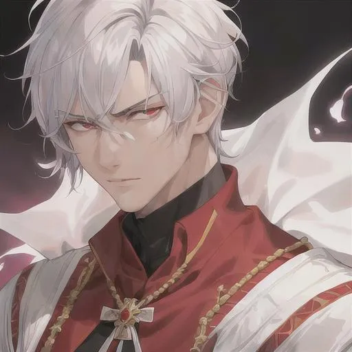 Prompt: "A close-up photo of a handsome prince with short hair, white hair, red eyes, wearing a kings robe, in hyperrealistic detail, with a slight hint of disgust in his eyes. His face is the center of attention, with a sense of allure and mystery that draws the viewer in, but his eyes are also slightly downcast, as if a sense of disgust is lingering in his thoughts. The detailing of his face is stunning, with every pore, freckle, and line rendered in vivid detail, but the image also captures the subtle emotions of disgust that might lie beneath his surface."