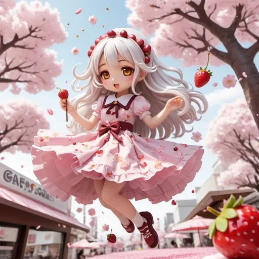 Prompt: kawaii dessert theme chibi girl in a cherry blossom dessert themed cute very detailed flowy lolita dress with long flowy silver white hair and galaxy yellow golden eyes with candy on it doing dynamic poses in an interesting birds eye view perspective with cherry petals falling and the girl near a cafe holding a slice of strawberry pocky stick cake jumping in the air in a tilted dynamic composition