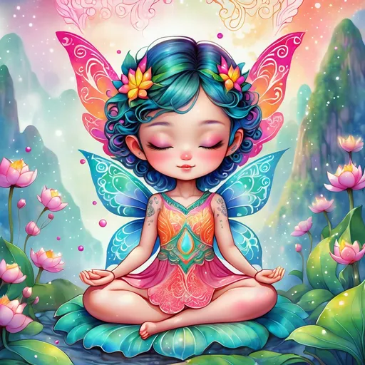 Prompt: Kawaii watercolor artistic patterns with Henna art inspired embellishments and Flourishes, bright vibrant colors, Highly detailed, popping vibrant colors, Gradient Colors, Intricate details, Highly textured, a serene with (((closed eyes))) meditating fairy wearing a dress (((age 5))) in the lower third of the foreground 