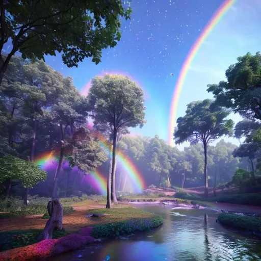 Prompt: 3d realistic render, Soft lighting, trees, overhead point of view, forest background, rainbow in the sky.
