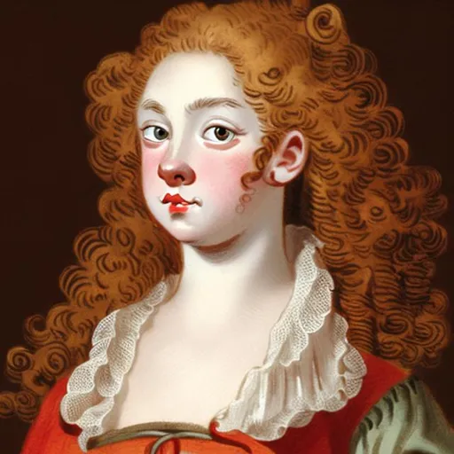 Prompt: Young woman in 18th century,red curly long hair with amber eyes, pale skin, with freckes, chubby face
Dressed with 1760 gown
 