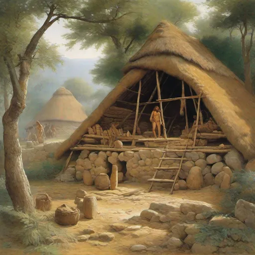 Prompt: Neanderthals constructed simple structures using materials such as wood, bones, and animal hides. Archaeological excavations have uncovered remains of circular or oval-shaped huts, with evidence of wooden frames and covered with skins or vegetation for roofing. These structures provided protection from the elements and served as a base for their daily activities.