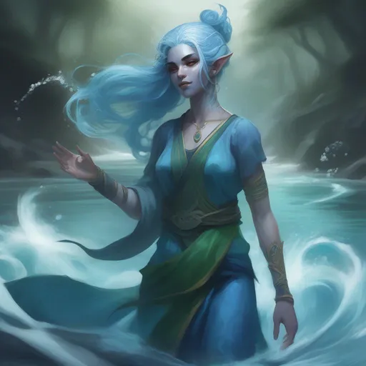 Prompt: dnd a female water genasi with pale blue skin and dark blue and green hair flowing water