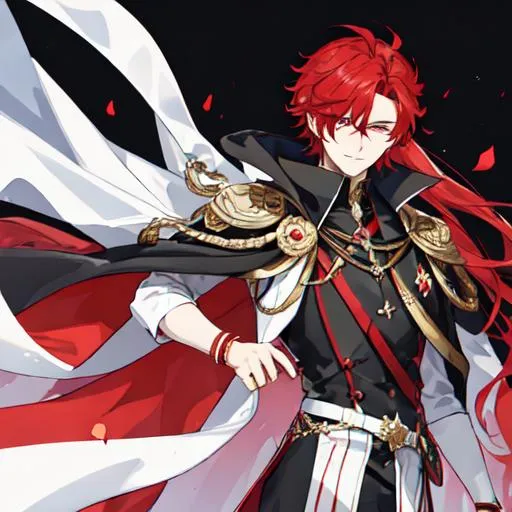 Prompt: Zerif 1male (Red side-swept hair covering his right eye) wearing a black royal suit, white cape, 