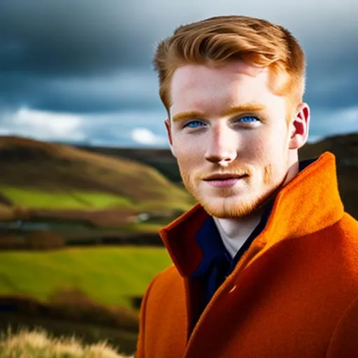 Prompt:  Young men, ginger hair and blue eyes
scotland landscape