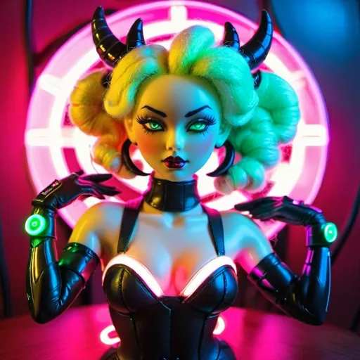 Prompt: a beautiful female demon in a dynamic pose in a retro futuristic synthwave cyberpunk neon paradise.  neon lighting, high quality, beautiful, synthwave, cyber, retro, futuristic