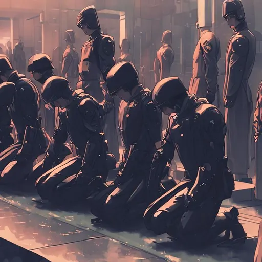 Prompt: photo of a line of men in 
 futuristic military clothing kneeling to commit seppuku. Guards stand behind them. in an anime science fiction aesthetic