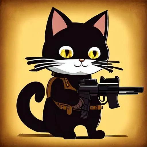 Prompt: cat with a sheriff gun, black and, brown, black, cat, sheriff