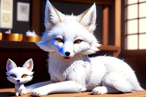 Prompt: Highly realistic of White fox,cute,wearing cool stuff,pretty eyes,Adorable,happy,playing,masterpiece,epic,soft lighting,fancy,highly detailed,creamy mood,five star,Sharp focus,restaurant,riches,ultra-fine detailed,aesthetic,ilustration,artstation