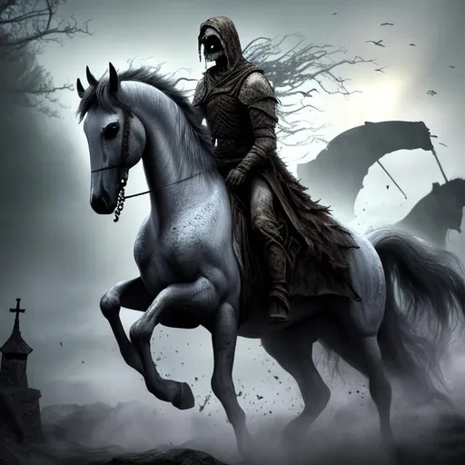 Prompt: Death riding on a gray horse followed by the realm of the dead. Photorealistic