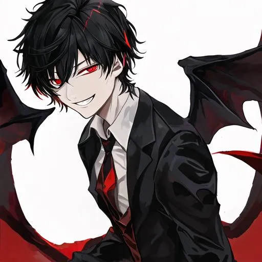 Prompt: Damien  as a fallen angel (male, short black hair, red eyes) grinning sadistically 