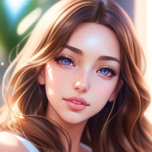 Prompt: hyperrealistic portrait of {Celine Farach}, winking face, kiss mouth, dreamlike; masterpiece, pouty lips, highly detailed, smooth soft skin, big dreamy eyes, beautiful intricate colored hair, luminous chest, anime wide eyes, soft lighting, detailed face, by makoto shinkai, stanley artgerm lau, wlop, rossdraws, concept art, digital painting, 8k