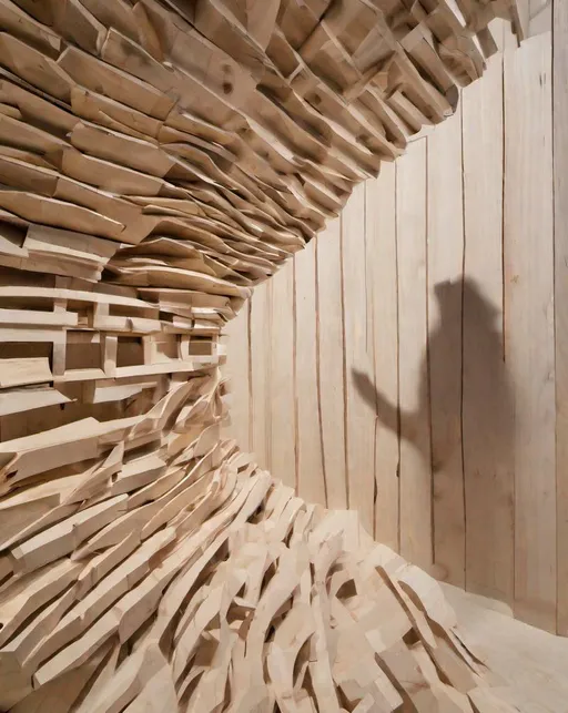 Prompt: ((Interwoven Dreams)) presented through a plywood installation, exploring the interplay of shapes and (shadows:1.3). Use a wide-angle lens with a ((Canon EOS RP)) for immersive shots. Engage in the artist's geometric reverie. In the style of Artist ((Ai Weiwei)).
