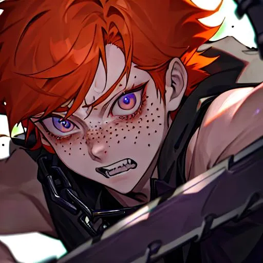 Prompt: Erikku male adult (short ginger hair, freckles, right eye blue left eye purple) 8K, Highly detailed, insane detail, best quality, high quality, holding a chain saw