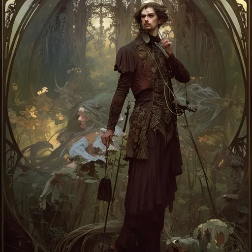 Prompt: Full body splash art, skinny male, poet, very long dark hair, pale skin, victorian clothes, elegant, highly detailed, intricate, smooth, sharp focus, artstation, digital paining, concept art, art by greg rutkowski, alphonse mucha and John William Waterhouse, dark, eerie, gothic, creepy, romantic