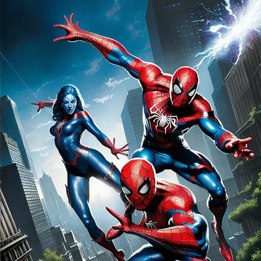 Prompt: Mystique, Spiderman, Colossus in Action Poses, Marvel Comics, Hyperrealistic, splash art, concept art, mid shot, intricately detailed, color depth, dramatic, 2/3 face angle, side light, colorful background Epic cinematic brilliant stunning intricate meticulously detailed dramatic atmospheric maximalist digital matte painting Mark Brooks and Dan Mumford, comic book art, perfect, smooth a masterpiece, 8k resolution, dark fantasy concept art, by Greg Rutkowski, dynamic lighting, hyperdetailed, intricately detailed, Splash screen art, trending on Artstation, deep color, Unreal Engine, volumetric lighting, Alphonse Mucha, Jordan Grimmer, purple and yellow complementary colours Professional photography, bokeh, natural lighting, canon lens, shot on dslr 64 megapixels sharp focus maximalist filmic 4K 8K resolution dynamic lighting Cinema 4D eldritch cosmic thunderstorm tornadic twilight vapor comic art 