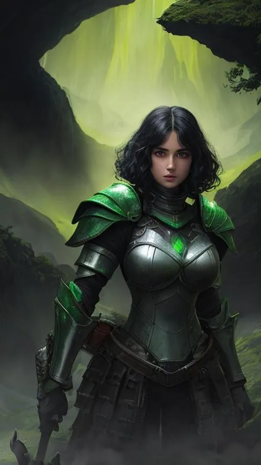 Prompt: a beautiful Caucasian woman with curly black hair in black crusader armor rests on her sword in the middle of a dark crater filled with glowing green acid. the sky is dark and she is surrounded by glowing green mist. Behance hd,