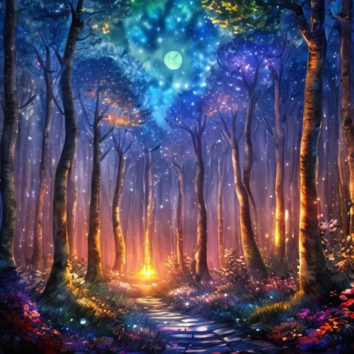 Prompt:  enchanting Forest at the starry night. Watercolour, artStation trending style , 8K Resolution
