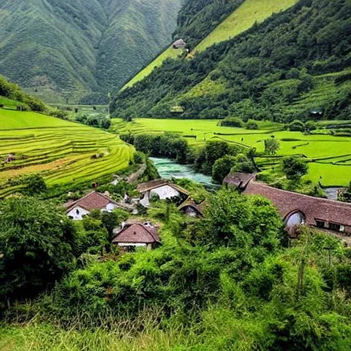 Prompt: A small village nestled in a valley, surrounded by mountains. The village is made up of traditional houses with thatched roofs. The village is surrounded by lush green fields and forests. A river flows through the valley, and there is a waterfall in the distance. The sun is shining, and the sky is blue. There is a sense of peace and tranquility in the air.