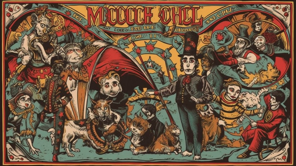 Prompt: the artwork for the new children of the circus album, in the style of psychedelic illustration, moche art, salvagepunk, animated gifs, tony fitzpatrick, hatching, pseudo-realistic