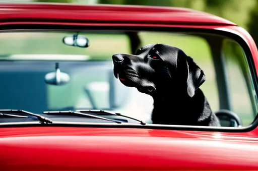 Prompt: A black labrador retriever riding in a red Citroën C3, sitting behind the wheel behind the glass