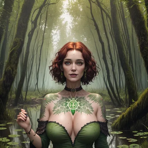 Prompt: curly short hair, swamp witch, female druid, in a bog, green tattoos.of trees and runes along her collar bone, she is cackling, detailed symmetrical face, she looks like a cross between Christina Hendricks and Lily Munster, she is happy, hyper realistic, 4k photo, she is making eye contact, alive, freedom, soul, digital illustration, comic style, cyberpunk, perfect anatomy, centered, approaching perfection, dynamic, highly detailed, watercolor painting, concept art, smooth, sharp focus, illustration, art by Carne Griffiths and Wadim Kashin, full body