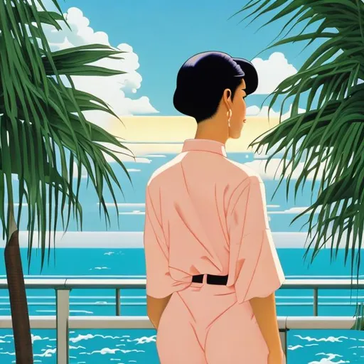 Prompt: back of woman with tropical dusk in style of Hiroshi Nagai painting with the 
