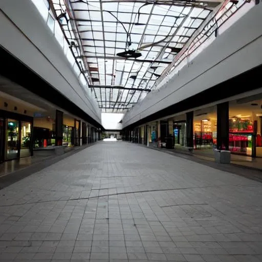 Prompt: Empty shopping mall, dark, no people, random shopping carts around. 