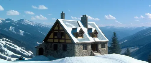 Prompt: Cobblestone house on top of mountain at noon, DVD Screengrab from 1999 film