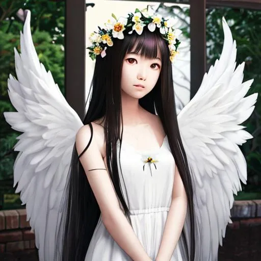 Prompt: Asian girl, Long hair,  white skin, angel wings, flower crown 