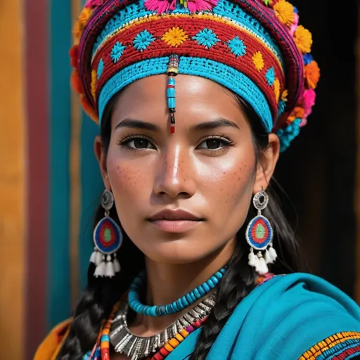Prompt: Haute couture fashion portrait of an indigenous model, peru, inca, maya, mexico, freckles, slanted eyes, oriental, no make up model, American Indian, turban, indigenous, amazon, native features, indigenous facial features, crochet, surreal, Canon EOS R7, detailed textiles, exquisite craftsmanship, professional lighting, dreamlike, detailed facial features, detailed textiles, multicolor, detailed dress