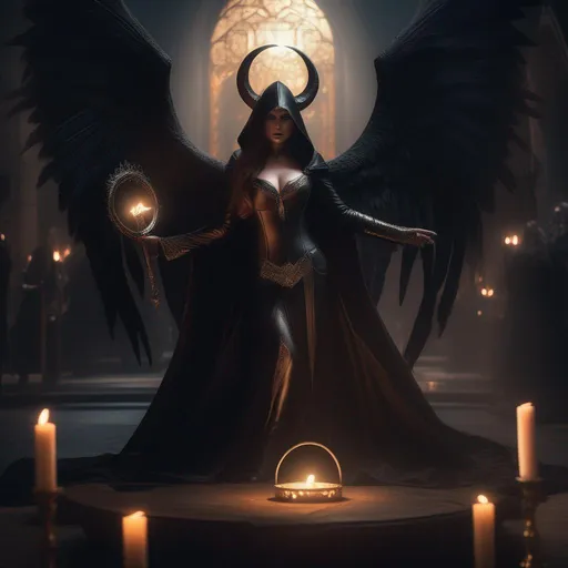 Prompt: Roguish beautiful mysterious dark  assassin woman with long hair, glowing eyes, demon horns, succubus tail, angel wings and a halo wearing dark hooded turn of the century cloths performing a ritual, dynamic lighting, cinematic lighting, hyper detail, sharp detail, intricate detail, centre image, trending on artstation, Digital Illustration, HDR, Concept Art, Unsplash contest winner, CryEngine, Unreal Engine, 8k resolution, 8K 3D, deviantart, Greg Rutkowski, Johan Grenier, Ilya Kuvshinov, Hyperrealism, highly detailed, octane render, smooth, volumetric lighting, soft lighting aesthetic, golden hour, sharp focus, perfect anatomy, full body image, D&D, Diablo 4, Baldur’s gate 3, Horizon Dawn, fantasy, dark fantasy, animated