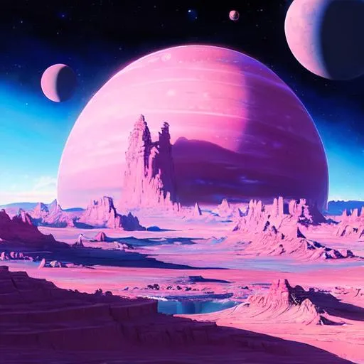 Prompt: Extremely realistic, 8k high quality, high resolution Amazingly beautiful Pink and blue alien planet landscape concept art with a few clouds and perfect lighting