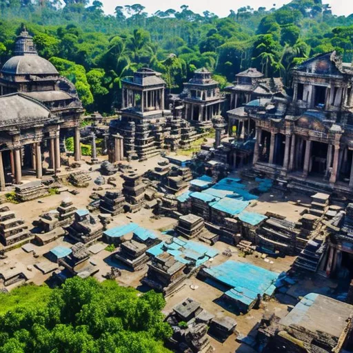 Prompt: Ancient city made of dark stone and blue crystals still populated though heavily damaged and weathered. Has a bustiling market plaza in front of an ancient temple in ruins. In the middle of the jungle. 