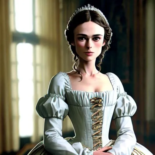 Prompt: Keira Knightly as Elizabeth Benet, 18 th century fashion, styled hair, white dress