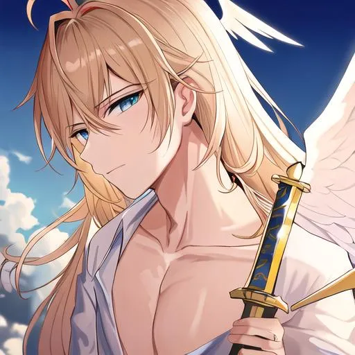 Prompt: 4k close up on Tough looking male angel with wings and a halo (detailed face), weilding a holy sword
