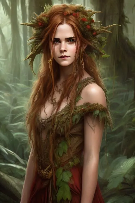 Prompt: forest druid by Emma Watson, short red dreadlocks, elegant long dress, DnD Fantasy, full body portrait, artstation, 8k, highly detailed, digital painting, posing on the jungle swamp, smooth, sharp focus