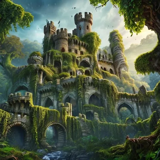 Prompt: beautiful castle ruins in a fairy forest, majestic trees, vines and creepers, lush greens over sparkling creek Hyperrealistic, splash art, concept art, mid shot, intricately detailed, color depth, dramatic, 2/3 face angle, side light, colorful background
