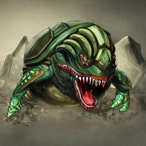 Prompt: greek monster turtle with dark green shell  giant  teeth and a demon rider on top with a mask 