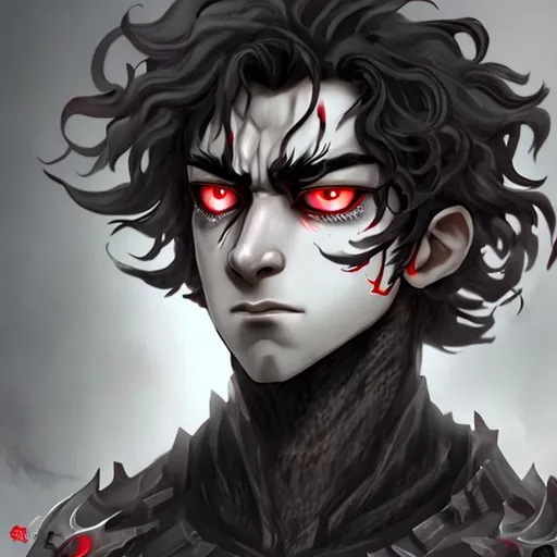 Prompt: Curly black hair shadar-kai with red eyes and grey skin.