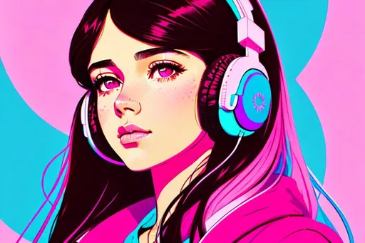 Prompt: hispanic girl wearing headphones, pink long hair, brown eyes, star sky, moons, aesthetically pleasing pastel colors, poster background, art by conrad roset and ilya kuvshinov, pop art, lofi, neon colors