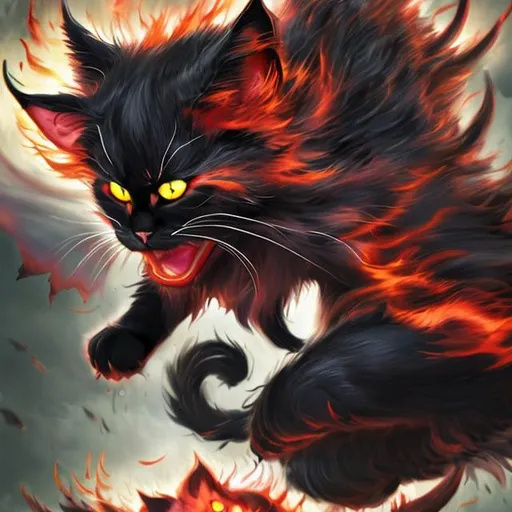 Prompt: Cat as demon lord, devil, black cat, demonic presence, evil cat, Lucifer as a cat, seventh layer of hell filled with cats, cat with unbridled magic power, uhr hdr, photo realistic,