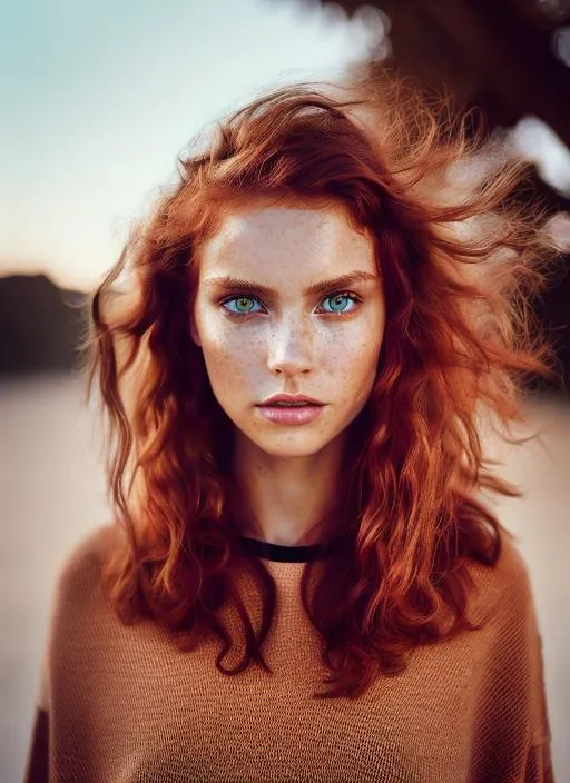 Prompt: Portrait of girl with copper hair and with pretty face, dark eyes, summer sunset vibe, perfect composition, hyperrealistic, super detailed, 8k, high quality, trending art, trending on artstation, sharp focus, studio photo, intricate details, highly detailed, sunkissed