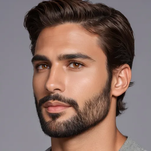 Prompt: side view Composite face of a 30-year-old man, hyper-realistic, photorealistic, Well-Defined Brow Ridge, deep-set hazel eyes, strong chiseled jawline and chin, short wavy hair with short full beard, high cheekbones, symmetrical, subtle contour nose, defined nostrils, defined lips, tanned complexion, high quality, photorealism, detailed features, realistic, symmetrical, hazel eyes, chiseled jawline, wavy hair, full beard, high cheekbones, detailed nose, photorealistic lighting